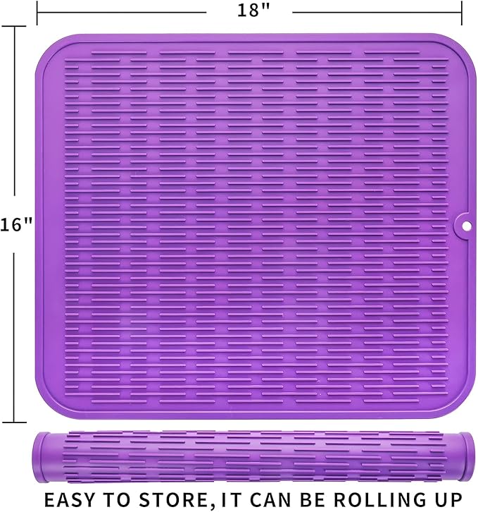 MicoYang Silicone Dish Drying Mat for Multiple Usage,Easy clean,Eco-friendly,Heat-resistant Silicone Mat for Kitchen Counter or Sink,Refrigerator or Drawer Liner Purple XL 18 inches x 16 inches