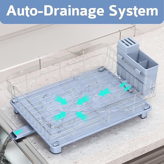 Ricobes Dish Drying Rack - Space Saving Dish Rack - Dish Racks for Kitchen Counter with Drainboard,Rustproof Dish Drainer with Removable Utensil Holder,Blue