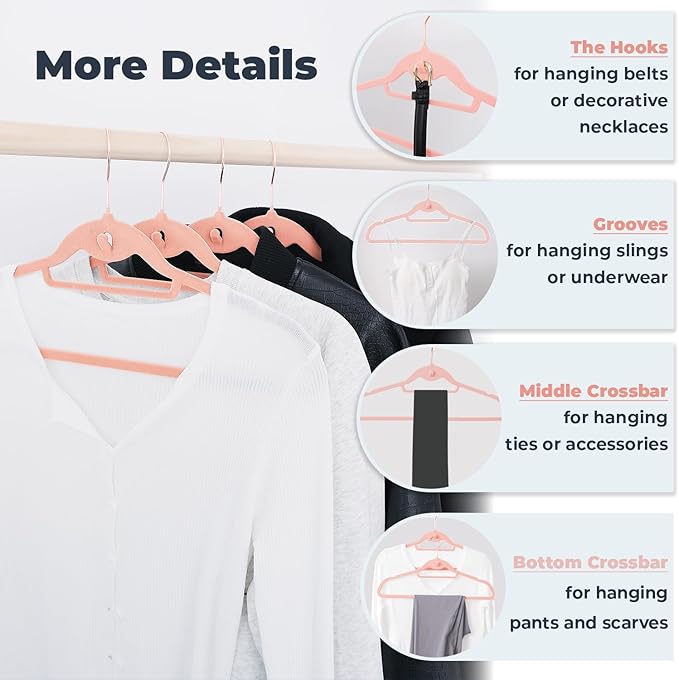 Limogoo Pink Velvet Hangers 50 Pack, Felt Covered Non Slip Fabric with Stackable Cascading Hook, Ultra Thin and Space Saving with 360° Swivel Neck, 15Lbs Capacity for Clothes, Suit, Shirt, Coat