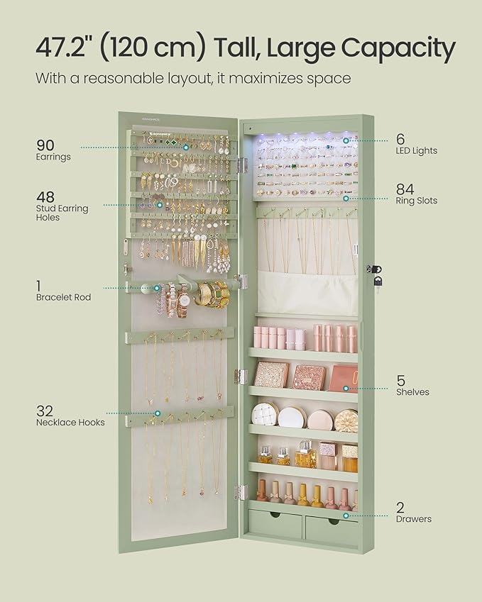 SONGMICS 6 LEDs Mirror Jewelry Cabinet, 47.2-Inch Tall Lockable Wall or Door Mounted Jewelry Armoire Organizer with Mirror, 2 Drawers, 3.9 x 14.6 x 47.2 Inches, Laurel Green UJJC093C01