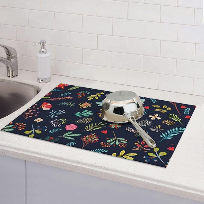 Large Dish Drying Mat for Kitchen Counter,18"X24" Colorful Flowers Plants Super Absorbent Reversible Microfiber Dish Drying Mat Dish Drainer Mat Drying Pad for Kitchen Countertop Coffee Bar