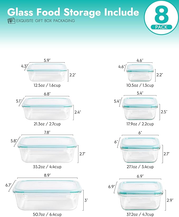 BOROHOUSE 8-Piece Borosilicate Glass Food Storage Containers Set with Airtight Lids – Oven, Microwave & Freezer Safe, Leak-Proof, BPA-Free – Baking, Meal Prep & Gift Box