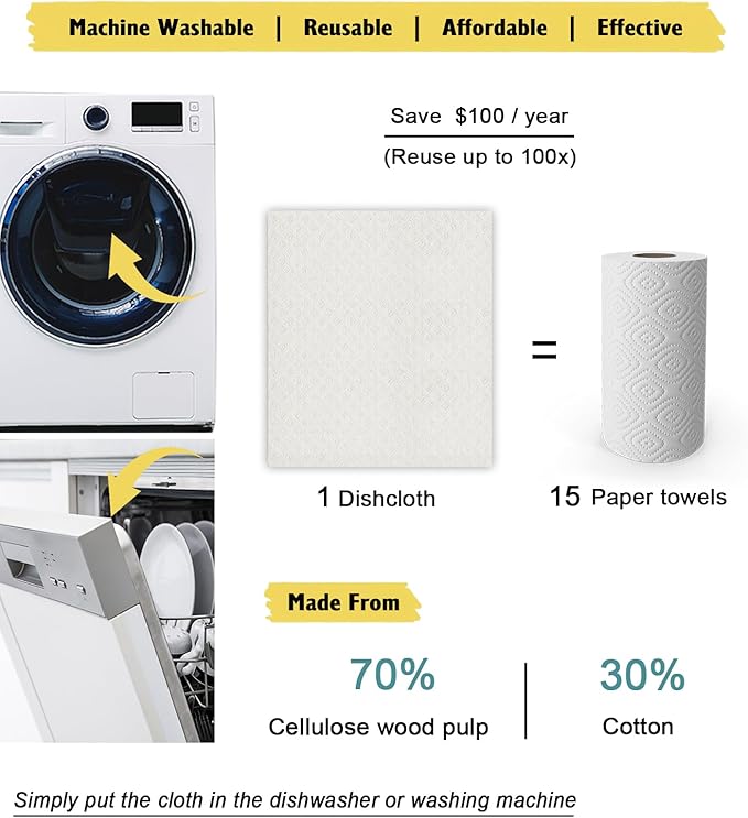 MoLKENE Swedish Dishcloths for Kitchen | 10 Pack Absorbent Cellulose Sponge Cloths Washable | Non-Scratch Reusable Paper Towels Quick Drying Cleaning Rag - White