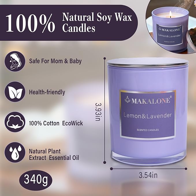 MAKALONE Lavender Lemon Scented Candles for Home - 9oz Soy Wax Candle in Purple Glass Jar, 60H Long Lasting Burn, Aromatherapy Candle for Stress Relief, Relaxation, Sleep, Bath & Yoga, Gifts for Women
