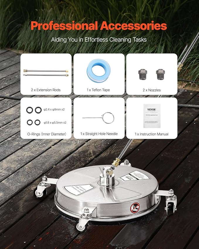 VEVOR 15" Pressure Washer Surface Cleaner, Stainless Steel Pressure Washer Attachments with 4 Wheels, 4000 Max PSI, 1/4 Quick Connector, 2 Spray Nozzles, 2 Extended Wands for Concrete, Patio, Deck