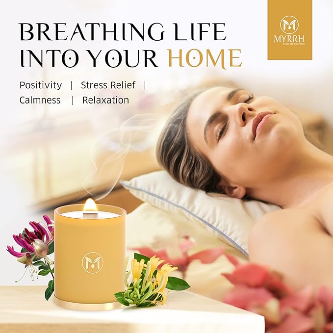 MyrrhUSA Honeysuckle Scented Candle – 15 oz Natural Soy Wax with Crackling Wooden Wick & Essential Oils | 80 Hour Burn | Luxury Aromatherapy Candle for Relaxation, Home Décor, Living Room & Bathroom