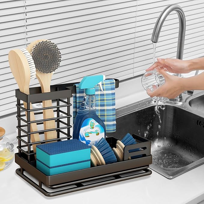 Sink Caddy, Kitchen Sink Organizer Sponge Holder, Kitchen Sink Accessories Stainless Steel Sponge Holder, Sink Brush Holder with Removable Drain Tray for Sponge Dish Brush Soap Scrubber Dishcloth