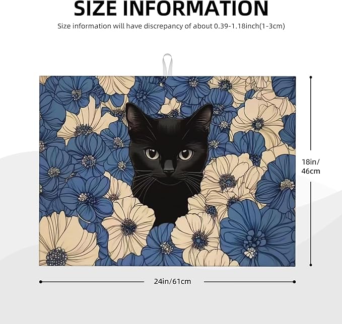 Black Cat Dish Drying Mat for Kitchen Counter Microfiber Super Absorbent Non-Slip Dish Drying Pad for Countertops Dishes Utensils Stylish Quick-Dry Machine Washable 18x24 Inch