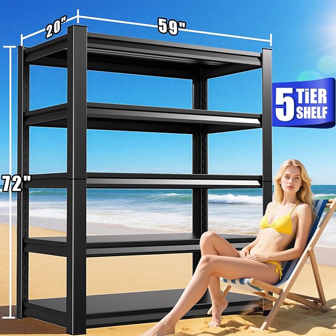 PKDYEZ Garage Shelving 5-Tier Adjustable Metal Garage Shelves Heavy Duty Unit,3000 LBS Steel Shelf Storage Rack Suitable for Industries,Warehouses,Basement,Black (72''H x 59''W x 20''D)