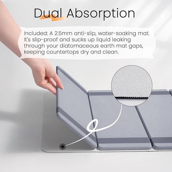Foldable Stone Dish Drying Mat for Kitchen Counter, Double-Layer Absorbent Drying Pad, Fast Water-Absorbing & Quick Dry, Non-Slip Counter Mat for Dishes, Cups, Bottles, 24.5" x 16"
