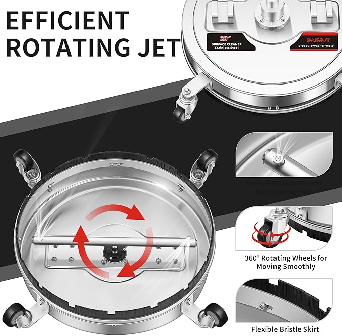 DAIMOT 20" Pressure Washer Surface Cleaner with 5 Nozzles Water Broom - Stainless Steel Surface Cleaner for Pressure Washer Attachment for Concrete, Patio, Sidewalk, Deck and Driveways, 4000 PSI