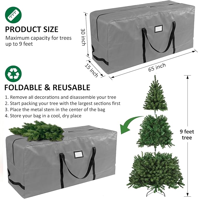 HABGP 9 ft Christmas Tree Storage Bag, Fits Artificial Xmas Holiday Tree, Durable Christmas Tree Storage Box Waterproof Material with Zippered Bag & Carry Handles, Protects from Dust, Moisture - Gray