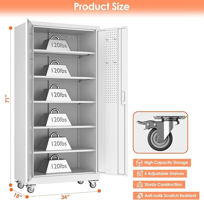 Metal Storage Cabinet with Pegboard,71" H Gargage Storage Cabinet with Whees,Doors and Shelves for Garage,Home Office,Required Assembly,White