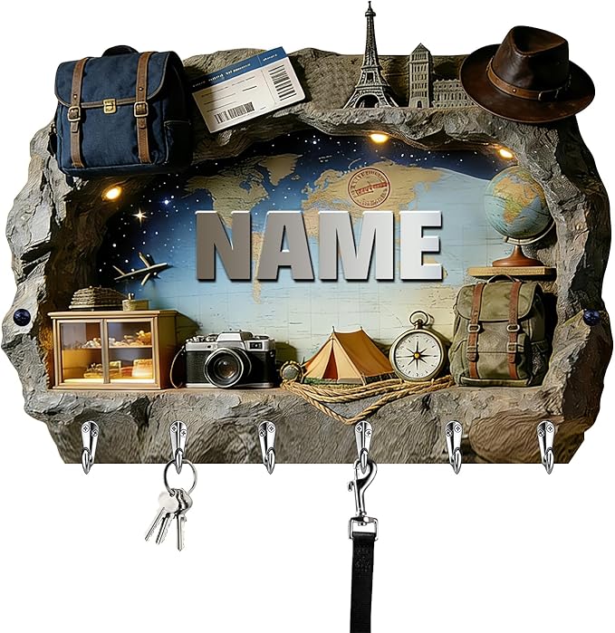 Personalized 2D Flat Print World Travel Themed Mounted Hooks for Men Women Family Friends Lovers Custom Name World Map Key Storage Holder Travel Coat Rack Home Decor Gift for Living Room Hallway