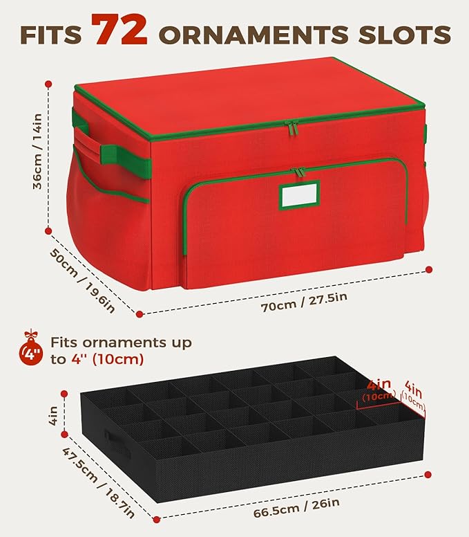 Ornament Storage Box, Large Christmas Ornament Storage Box, Stores 72 4'' Ornaments , Ornaments Storage Containers with 3 Trays, Durable and Portable, 600D Tear-Proof Material, Extra Pockets Red