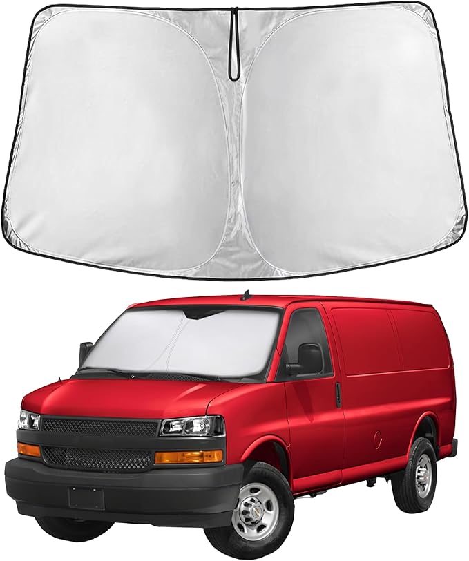 EcoNour Windshield Sun Shade Compatible for Chevrolet Chevy Express 1500 2500 3500 4500, 1996–2024 2025 2026 | Custom Fit Van Front Window Sunshade | Foldable UV & Heat Blocker | Reflective Sun Visor