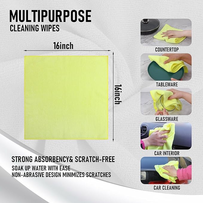 Tricol Clean Microfiber Cleaning Cloth, 16in*16in, 12 Pack Ultra-Thick Cleaning Rags, Super Absorbent, Lint Free & Streak Free Cleaning Towels for Car, House, Kitchen, Office