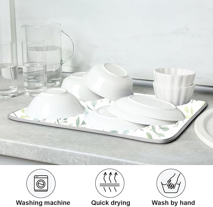 Eucalyptus Leaves Dish Drying Mat for Kitchen Countertop 16x18 Green Small Drying Mat Reusable Quick Dry Dish Sink Mats Easy Clean Decorative Essentials
