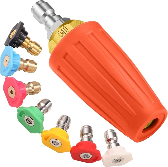 VORIGY 4000 PSI Orange Turbo Nozzle Pressure Washer Tips 1/4" Quick Connect with 7 Power Washer Nozzle Tips Kit Multiple Degrees (0, 15, 25, 40, 65, Rinse1, Soap2) for Car Concrete Brick
