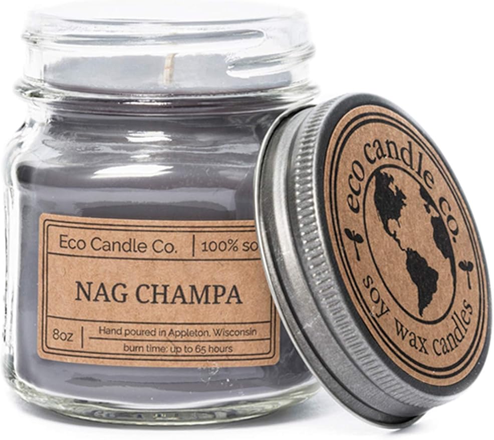 ECO CANDLE CO. Mason Jar Candle, Nag Champa, 8 oz. - Scents of Plumeria, Asian Resins, & Sandalwood - 100% Soy Wax, No Lead, Kraft Label & Antiqued Pewter Lid, Hand Poured, Midwest Grown Soybeans