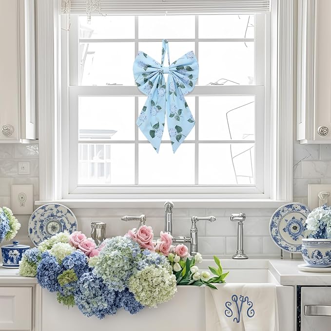 2 Pcs Spring Hydrangeas Wreath Bows 19.6'' x 11.8'' Large Tree Topper Blue Ornament Rustic Burlap Wreath Sash for Front Door Spring Party Yard Doorway Indoor Outdoor Wall Decor