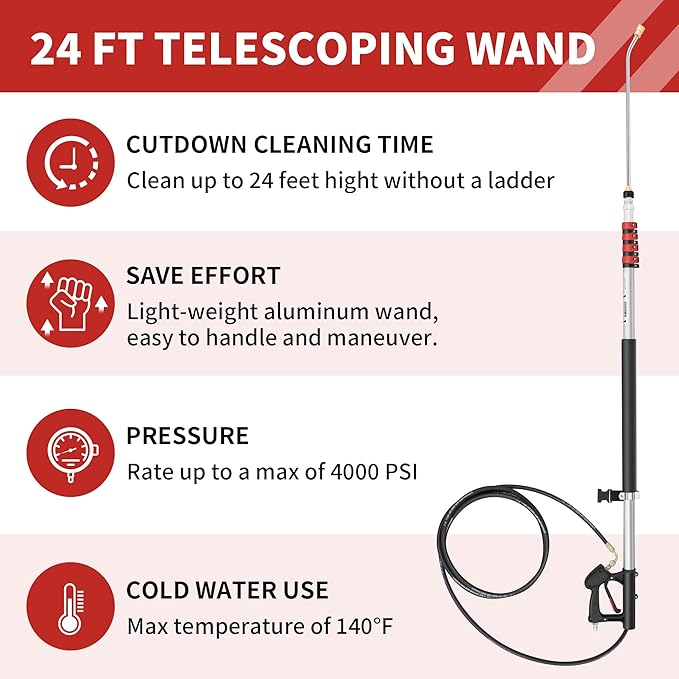 24 FT Gutter Cleaning Tools from The Ground - Telescoping Pressure Washer Wand - Gutter Cleaner Attachment with Power Washer Extension Wands, Brush, 7 Spray Nozzle Tips, 3 Hose Adapters, Support Belt