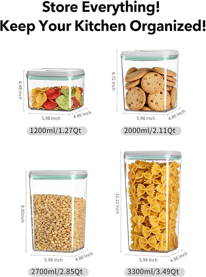 EQI Airtight Food Storage Container with One-Touch Lid, 8-Piece Set (1.3, 2.1, 2.9, 3.6 QT* 2) Stackable Durable BPA-Free for Flour, Cereal & Complete Pantry Organization.