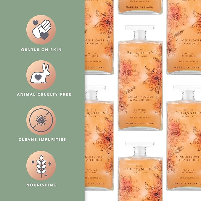 Pecksniff’s GingerFlower & Patchouli Foaming Bath Soak – Luxury Bubble Bath, 1L / 33.8 fl oz, Made in England