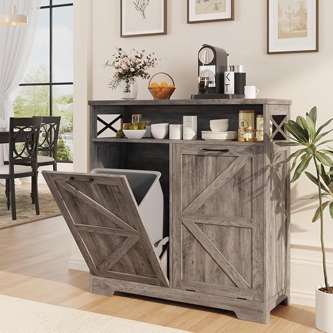Double Tilt Out Trash Can Cabinet for 13 * 2 Gallon Garbage Can, Farmhouse Kitchen Garbage Trash Bin for Hidden Laundry Basket, Dual Dog Proof Recycling Cabinet for Dining Living Room, Grey