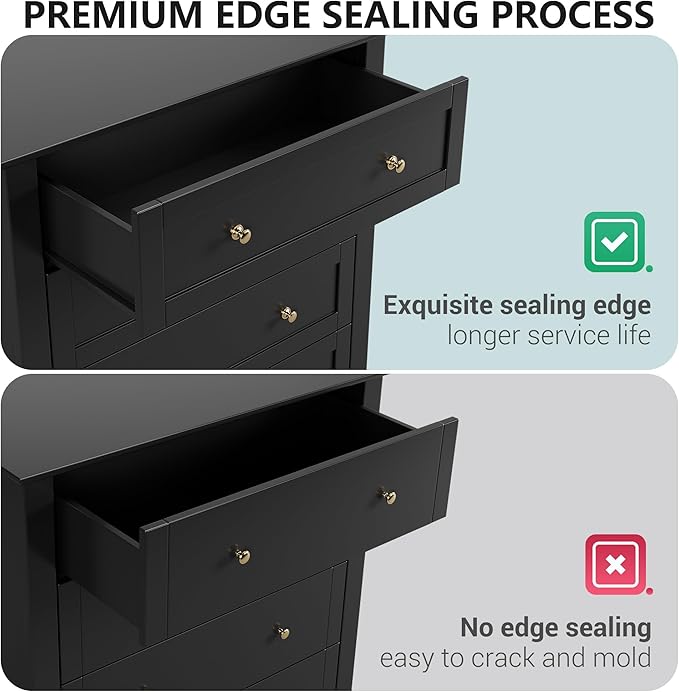 Modern 5 Drawers Dresser for Bedroom, Tall Wood Chest of Drawers for Clothes, Big Storage Dressers Organizer with Gold Handles & Deep Drawers, Living Room, Closet, Hallway, Black
