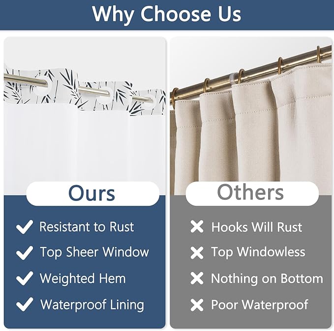 Dark Blue Bamboo Leaves Shower Curtain with Snap in Liner Set, Modern Boho Plant Aesthetic Design Bathroom Decorative Curtains, Waterproof Double Layers Fabric No Hook Shower Curtain, 71x74 inch