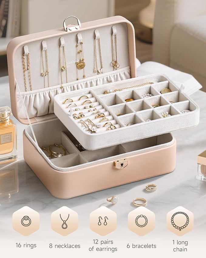 CASEGRACE 2-Layer Jewelry Box with Removable Tray, Portable Jewelry Organizer for Earrings Necklaces Rings, Gift for Women Girls on Birthday Valentine's Day (Amber powder)