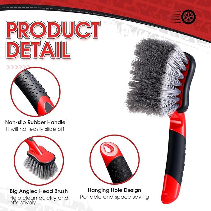 LemonRoad 2 Pack Car Wash Brushes Wheel Cleaner and Tire Brush for Car Detailing Bristle Fender Cleaning Supplies 10.3 inch Short Handle for Rim Carpet Truck SUV Moto RV Motorcycle