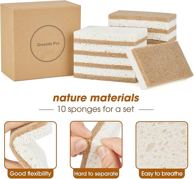 GREENTH PRO 10 Pack Nature Dish Sponge - Natural Kitchen Sponge - Coconut Fiber and Wood Cellulose Scrubber