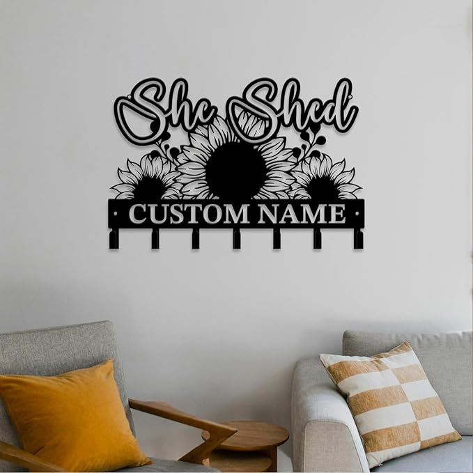 Personalized She Shed Metal Keys Hooks,Custom Name Metal She Shed Keys Hooks,Black Metal She Shed Wall Home Storage Decorative Keys Hooks,Key Holder Hooks for Wall (Style A)