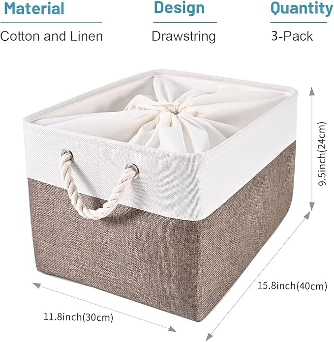 HOdo Home 15.8×11.8×9.5In/3PCS Fabric Storage Bin with Drawstring Closure and 2 Bold Handles, Collapsible Large Canvas Storage Baskets for Organizing Shelf Nursery Home Closet (Brown)