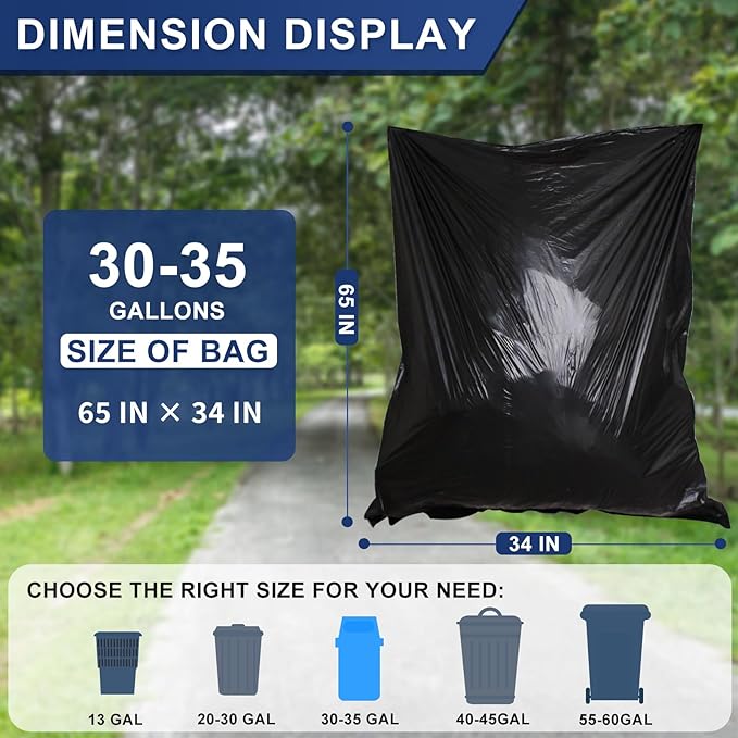 T.FORING 30-35 Gallon Trash Bags Heavy Duty 1.5 Mil - 35" x 37" 100 Count Large Black Garbage Bags 30+ Gallon Strong Plastic Trash Can Liners for Home Kitchen Commercial Lawn and Leaf
