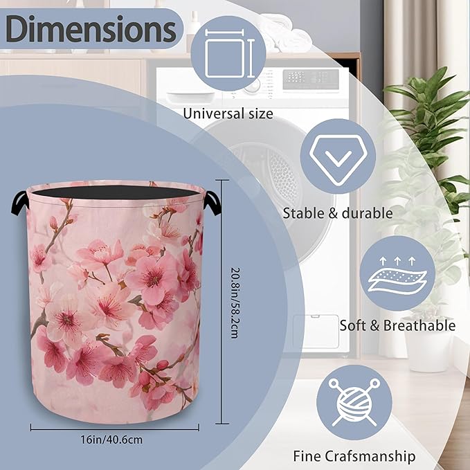 Cherry Blossoms Laundry Basket,Japanese Foldable Oxford Cloth Tote Bag Laundry Hamper Clothes Storage Bucket Organizer for Bedroom Laundry Storage Dormitories 16" x 20.8"