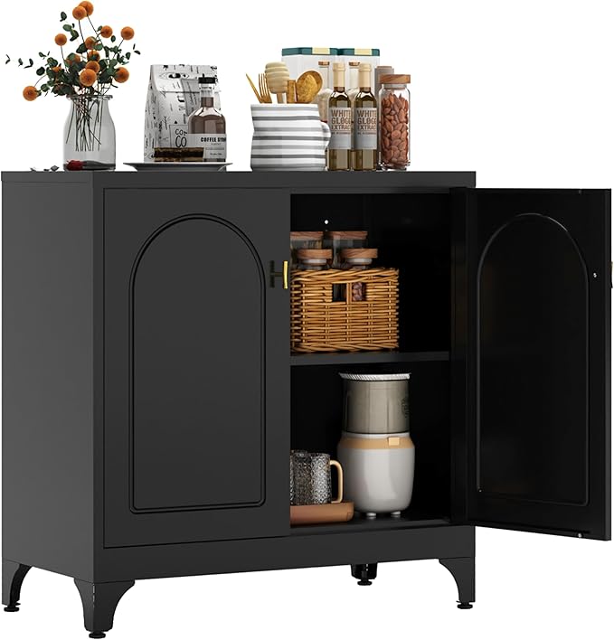 Metal Storage Cabinet with 2 Doors, 48" H Black Sideboard Cabinet, Small Kitchen Pantry with Adjustable Shelf, Coffee Bar Cabinets, Storage Cabinets for Kitchen, Pantry, Living Room, Office