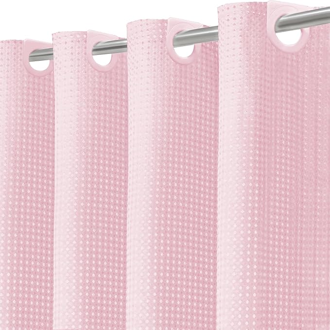 Inhousolu No Hook Waffle Weave Shower Curtain with Removable Snap in Fabric Liner Set for Bathroom, 230 GSM Heavy Duty Weighted Hem, Water Repellent Washable Bath Curtains, 72 x 72 Inch, Pink