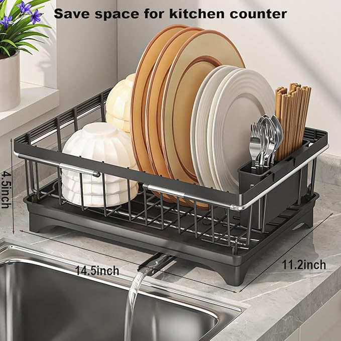 WENVITA Expandable Dish Drying Rack Over Sink, Space-Saving Dish Racks for Kitchen Counter, Dish Drainer Rack in Sink with Removable Utensil Holders, 11.2" D x 14.5" W x 4.5" H, Black