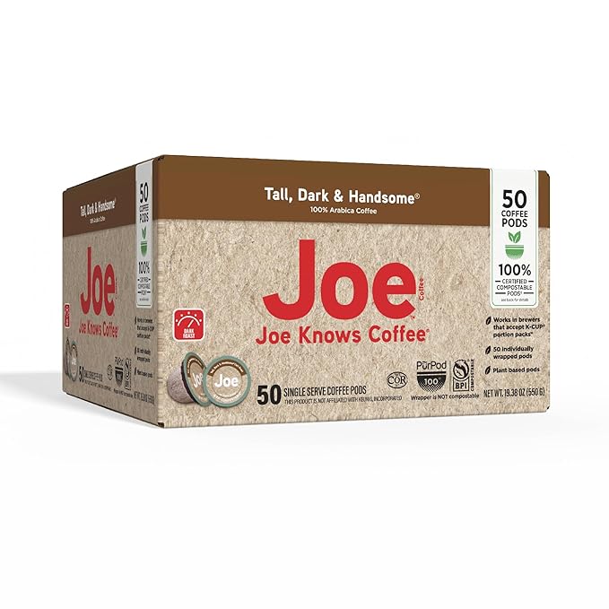 Joe Knows Coffee, Tall Dark & Handsome – 50 Count Compostable Dark Roast Coffee Pods | Bold & Rich Flavor | Compatible With K-Cup Brewers | Eco-Friendly | Kosher | Gluten-Free