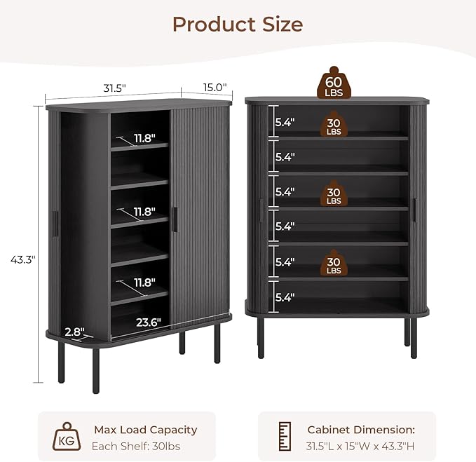 Shoe Storage Cabinet with Adjustable Shelves, 6-Tier Mid-Century Modern Shoe Organizer with Sliding Door, Shoe Storage Organizer for Entryway Hallway Living Room (Black)