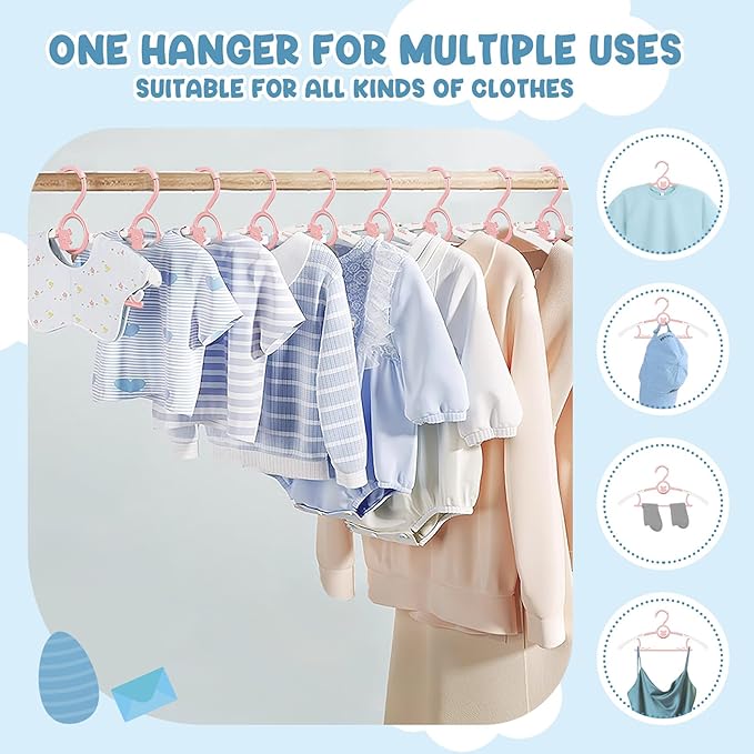 50 Pack Kids Hangers for Nursery Closet, Adjustable Non-Slip Toddler Baby Hangers with Windproof Buckle, 11-14" Infant Child Plastic Clothes Pant Hanger for Boys Girls Newborn Adult, Pink