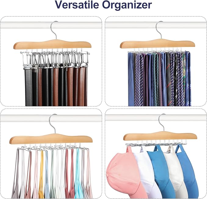 TOPIA HANGER Tie Rack Hanger for Closet, Wooden Tie Organizer for Men with 24 Folding Hooks, Space Saving Necktie Holder for Storage and Display Bra, Tank Top, Camisole (2-Pack), Natural- CT14N-2