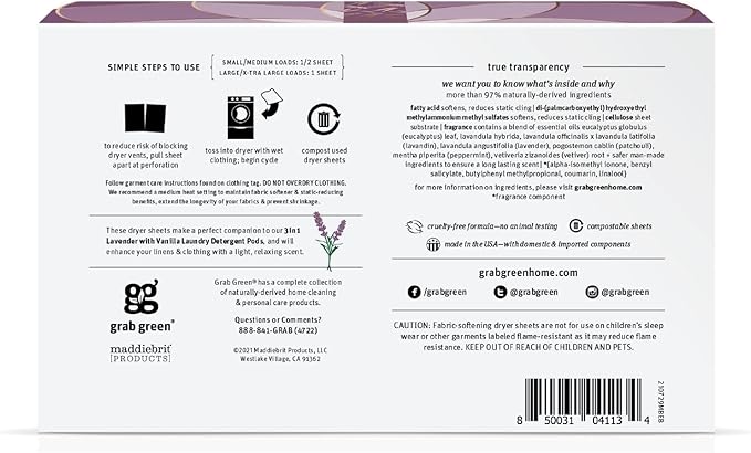 Grab Green Dryer Sheets, 160 Sheets, Lavender Vanilla Scent, Plant Based, Softens Fabrics, Reduces Static Cling and Wrinkles