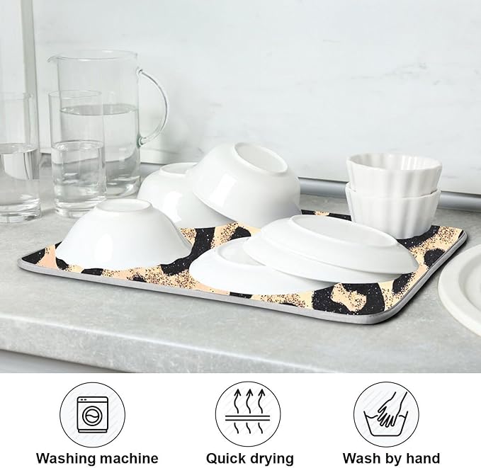Cheetah Brown Gold Dish Drying Mat for Kitchen Countertop 18x24 Leopard Black Large Drying Mat Reusable Quick Dry Dish Sink Mats Easy Clean Decorative Essentials