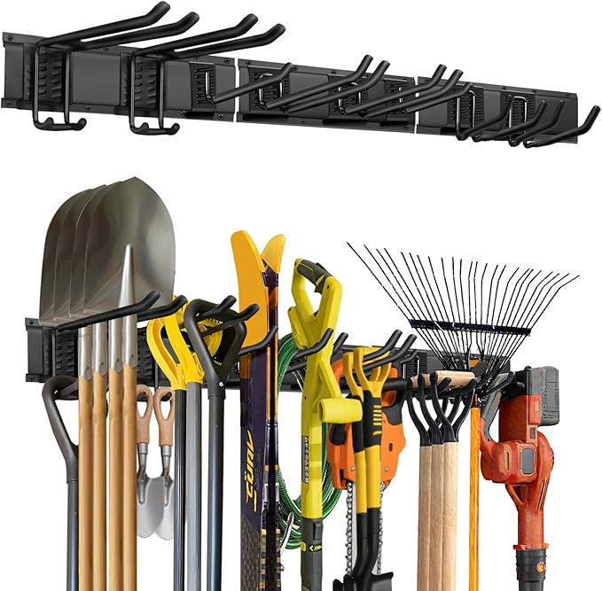 48-Inch Garage Storage Tool Organizer with 8 Hooks - Heavy Duty Metal Rack for Garage Organization, Garden Tool Organizer - Wall Mounted Tool Hanger for Shovels, Ladders, Lawn Tools