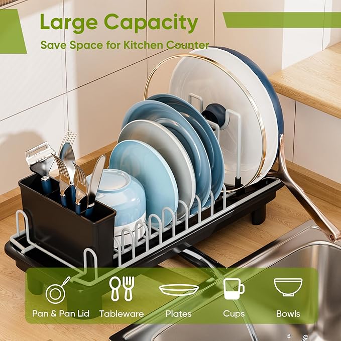VUSIGN Small Dish Drying Rack with Drain, Compact Dish Rack, Slim Dish Drainers for Kitchen Counter, Extendable Spout Strainers with Removable Utensil Holder, Space Saving, Black