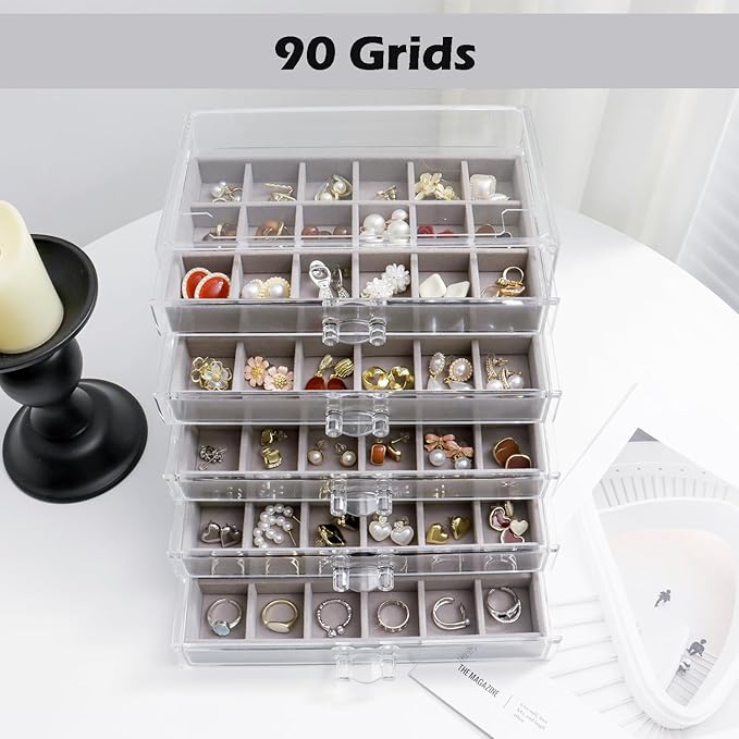 Jewelry Organizer with 5 Drawers Clear Acrylic Earring Display Case Velvet Jewelry Storage Box Display Holder for Earring Ring Bracelet Necklace (Gray, 90 Grids)